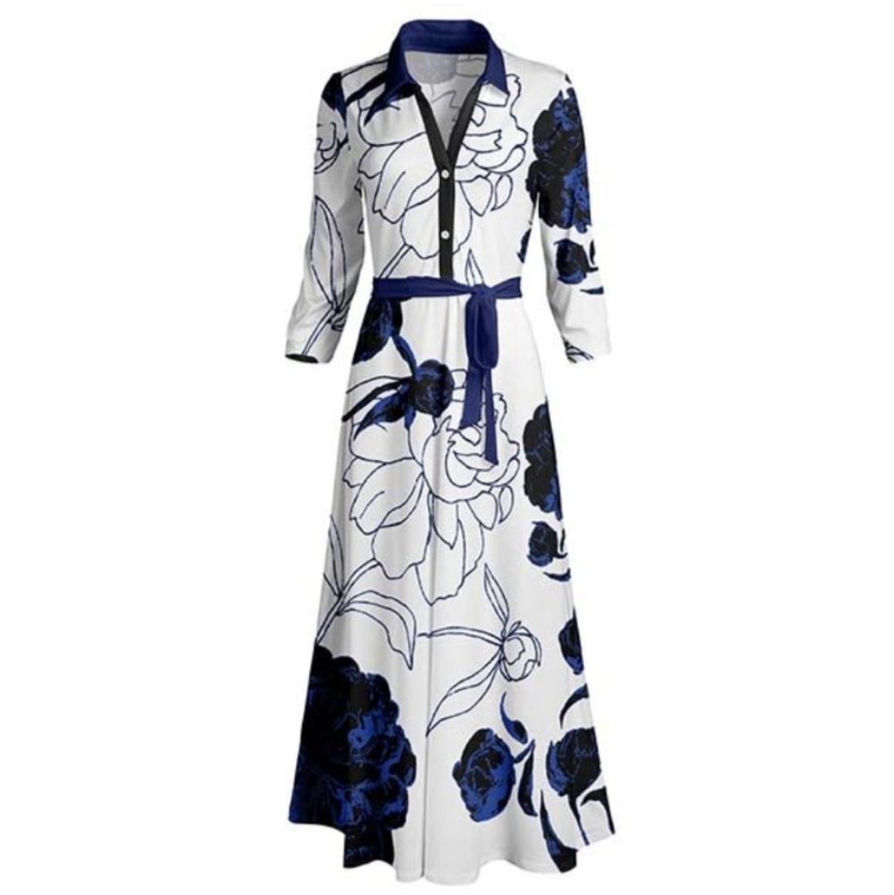 Blue & Black Floral Belted Shirt Dress - Women